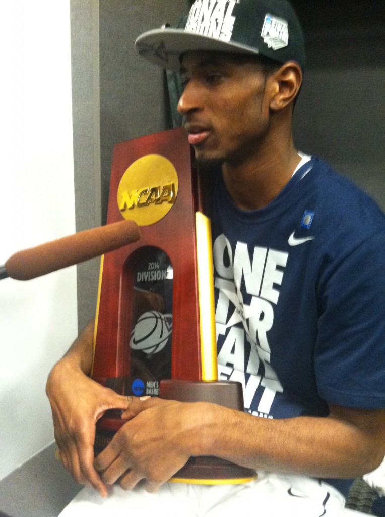 DeAndre Daniels with the NCAA national championship trophy in the UConn locker room (Ken Davis photo)