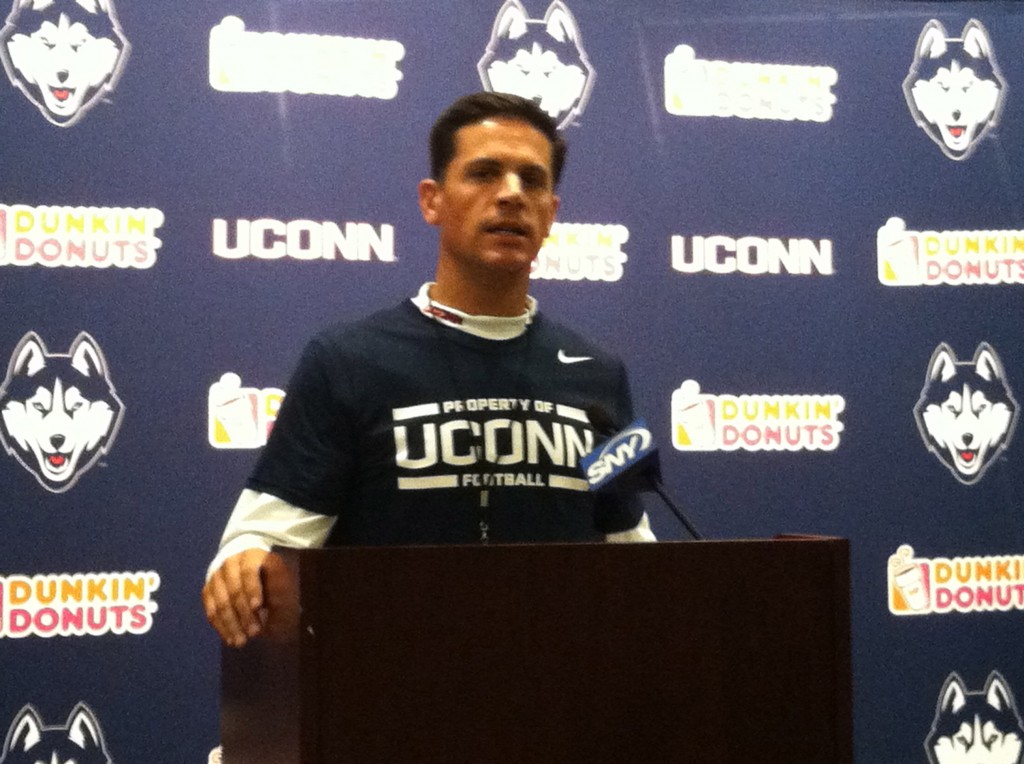 Coach Bob Diaco spoke to the media after Saturday's practice. (Ken Davis photo)