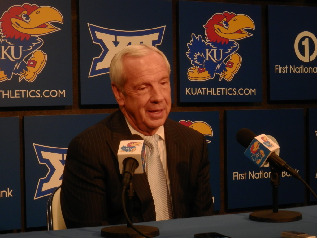 North Carolina coach Roy Williams talks to the media about his career at Kansas. (Ken Davis photo)