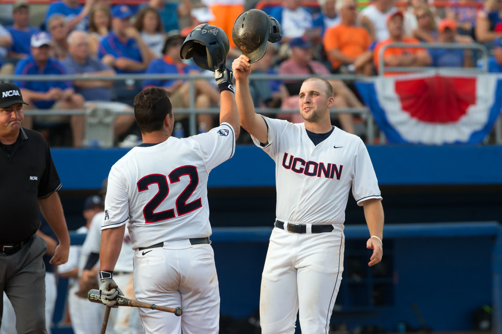 Joe Deroche-Duffin (22) greeted Bobby Melley (11) after his monster home run in the first (Steve Slade/UConn Athletics)