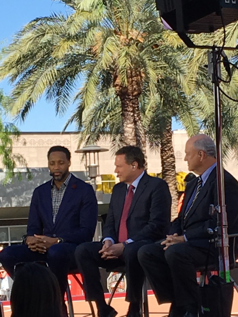 Tracy McGrady, Bill Self and Tom Jernstedt discuss their election to the Hall of Fame on the ESPN set, (Ken Davis photo)